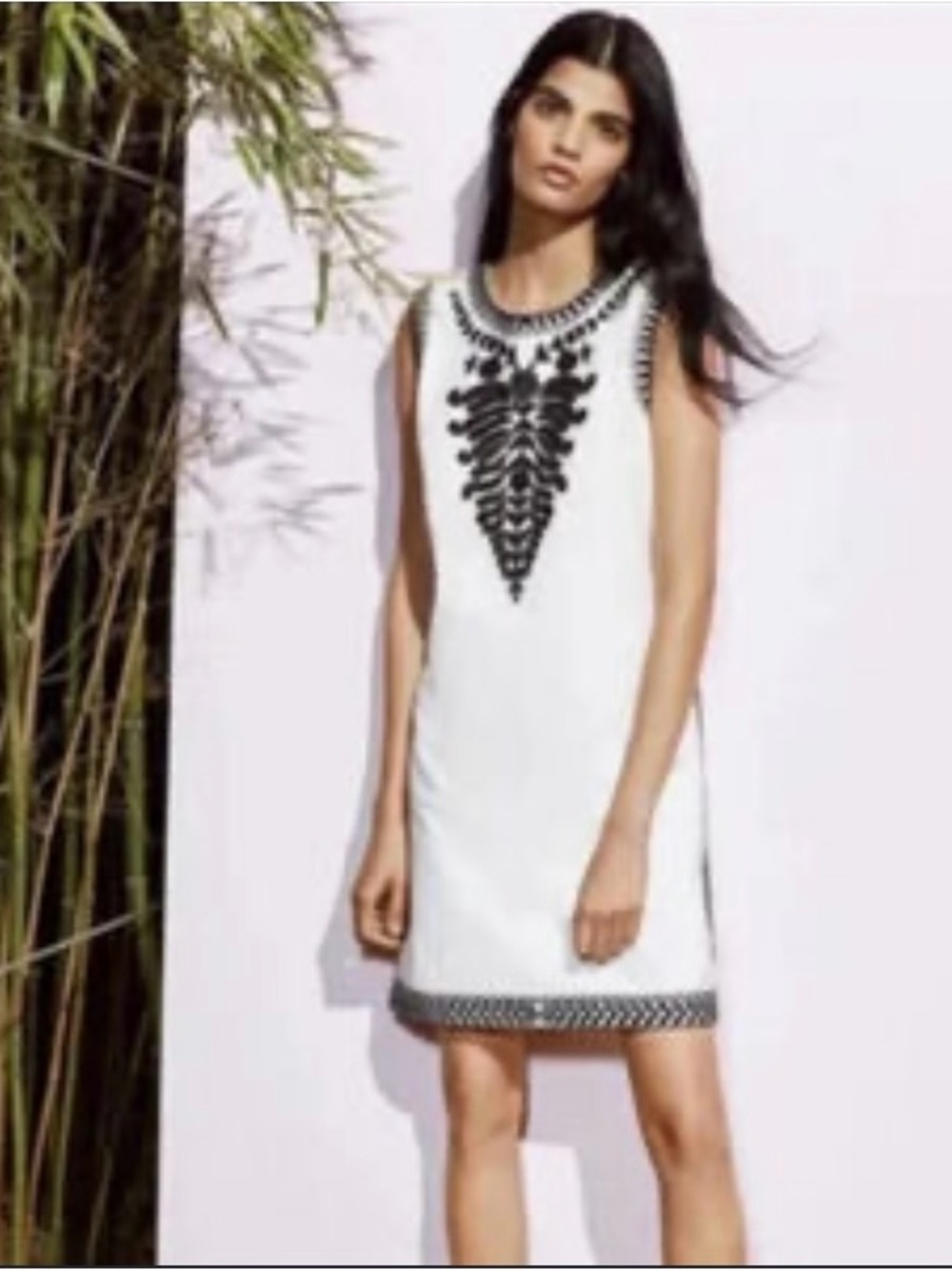 Tory Burch White Mini Dress with Black Embroidery